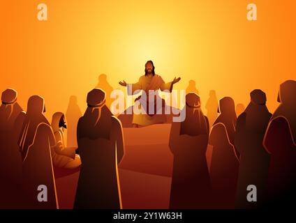 Série d'illustration de silhouette biblique, Jésus est assis au sommet d'un rocher, entouré de ses disciples, et donne sagesse et conseils dans le plein air paisible Illustration de Vecteur