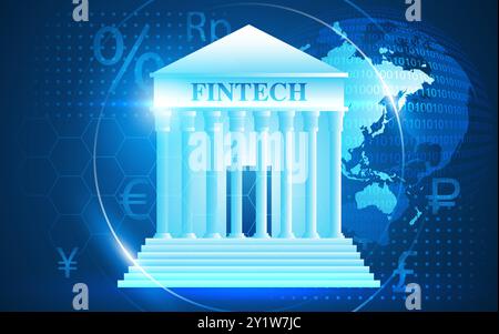 Bâtiment de banque avec une enseigne Fintech, sur un fond numérique terre et futuriste. Idéal pour les matériaux financiers, technologiques et d'investissement, salut Illustration de Vecteur