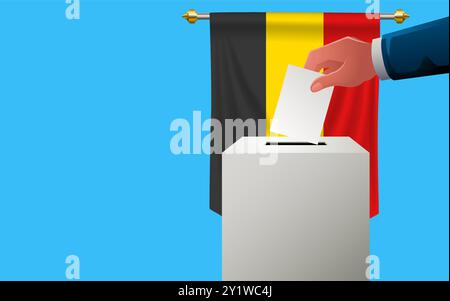 Célébrez la démocratie en Belgique avec ce modèle d'image avec une boîte de vote avec la bannière belge en arrière-plan, le jour de l'élection, l'espace de copie pour le CU Illustration de Vecteur