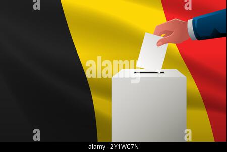 Célébrez la démocratie en Belgique avec cette illustration vectorielle, avec une boîte de vote avec le drapeau belge en toile de fond, le jour des élections Illustration de Vecteur