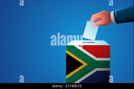 Célébrez la démocratie en Afrique du Sud avec ce modèle d'image représentant une boîte de vote peinte aux couleurs du drapeau sud-africain, le jour des élections Illustration de Vecteur