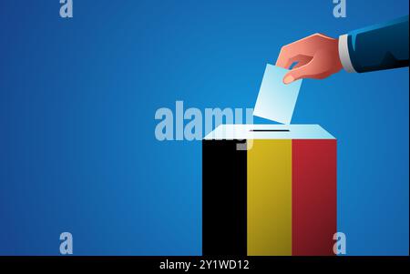 Célébrez la démocratie en Belgique avec ce modèle d'image représentant une boîte de vote peinte aux couleurs du drapeau belge, le jour des élections Illustration de Vecteur