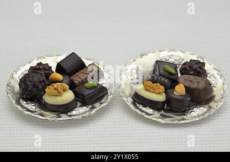 Différents types de pralines au chocolat sur plaques d'argent, gros plan, isolés sur fond blanc Banque D'Images