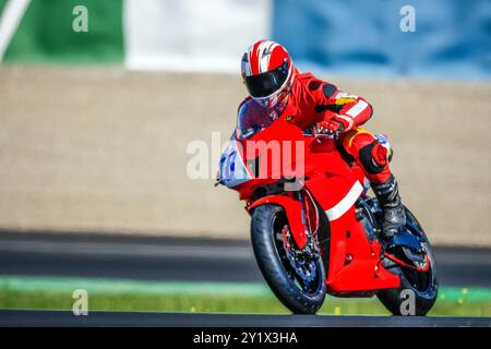 Une image dynamique d'un motocycliste professionnel en pleine course sur un vélo de sport rouge. La scène capture la vitesse, la compétition et la précision sur un rac Banque D'Images