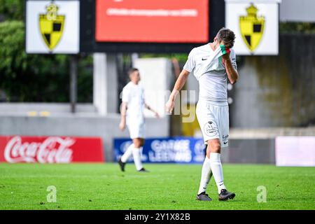 Lier, Belgique. 08 septembre 2024. Jef Van Der Veken de Houtvenne semble déçu lors d'un match de football entre K. Lierse S.K. (1b) et KFC Houtvenne (2e amateur), lors du sixième tour de la Croky Cup Belgian Cup, dimanche 08 septembre 2024 à lier. BELGA PHOTO TOM GOYVAERTS crédit : Belga News Agency/Alamy Live News Banque D'Images