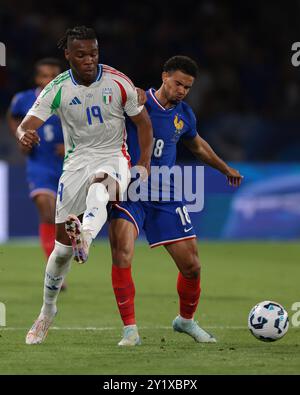 Paris, France, 6 septembre 2024. Warren Zaïre-Emery de France défie Destiny Udogie d'Italie lors du match de l'UEFA Nations League au Parc des Princes, Paris. Le crédit photo devrait se lire : Jonathan Moscrop / Sportimage Banque D'Images