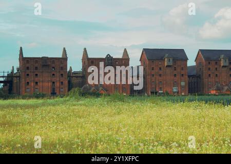 Les Bass Maltings abandonnés, classés Grade II, désutilisèrent des bâtiments de malt à Sleaford, Lincolnshire, Angleterre, abandonnés depuis les années 1990 Banque D'Images