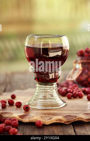 Vin médicinal préparé à partir de baies d'aubépine fraîches dans une tasse faite de soi-disant verre de forêt plein de bulles d'air Banque D'Images