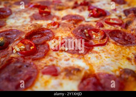 Gros plan d'une pizza diavola avec une faible profondeur de champ. La pizza a l'air très savoureuse, avec du jambon visible, des piments et du fromage. Banque D'Images