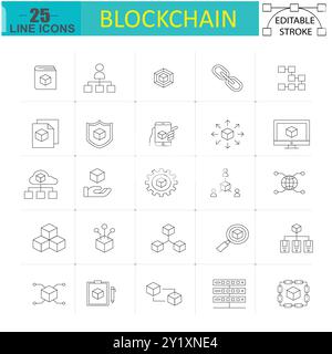 Jeu d'icônes de ligne de blockchain. Pack d'icônes style art simple. Illustration vectorielle Illustration de Vecteur