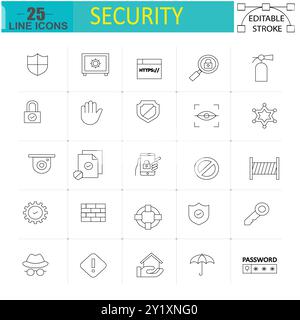 Jeu d'icônes de ligne de sécurité et de protection - 25 icônes de contour modifiables pour la cybersécurité, la confidentialité et la sécurité. Illustration de Vecteur