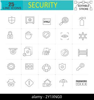 Jeu d'icônes de ligne de sécurité et de protection - 25 icônes de contour modifiables pour la cybersécurité, la confidentialité et la sécurité. Illustration vectorielle pour l'interface utilisateur, le Web et l'impression. Illustration de Vecteur