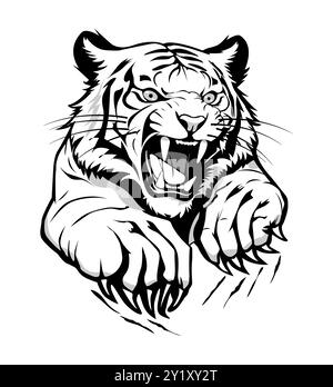 Croquis noir et blanc d'un tigre avec une bouche grognante et de fortes pattes griffées. Illustration de Vecteur