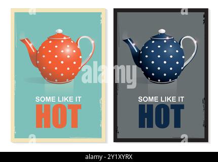 Set d'affiche heure du thé avec théières à pois et citations matinales inspirantes. Ensemble d'illustration vectorielle de cafés de boisson de dessin animé de petit déjeuner rétro Illustration de Vecteur