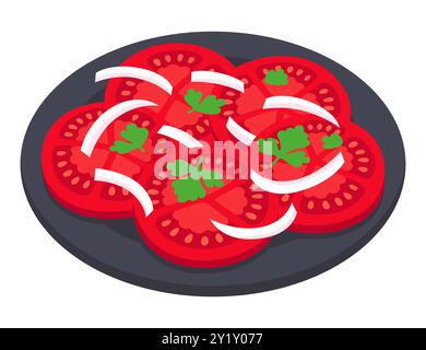 Salade traditionnelle chilienne. Tranches de tomates et oignon avec coriandre sur plaque noire. Illustration de clip art vectoriel de dessin animé plat. Illustration de Vecteur