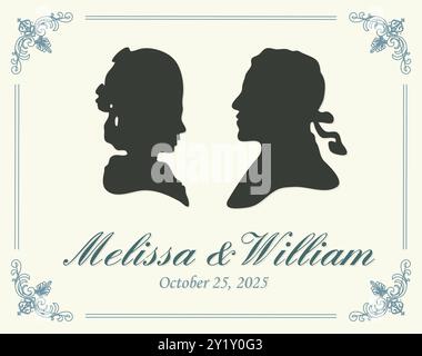 Modèle de carte d'invitation de mariage avec silhouettes masculines et féminines. Affiche rétro, invitation. Carte de voeux décorative vectorielle ou conception d'invitation arrière Illustration de Vecteur
