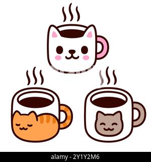 Tasses à café sur le thème du chat de dessin animé mignon. Ensemble de dessin de boisson chaude simple à doodle. Illustration vectorielle dessinée à la main. Illustration de Vecteur