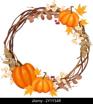 Cette illustration vectorielle présente une couronne circulaire d'automne décorée de citrouilles, de feuilles d'automne, de branches et de petites baies. Illustration de Vecteur