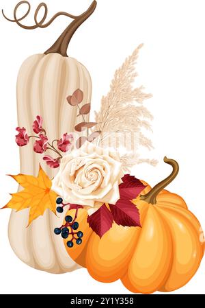 Bouquet d'automne avec citrouilles, rose, roseaux secs, baies et feuilles de raisins sauvages et feuilles d'érable, fleurs de pois. Illustration vectorielle. Illustration de Vecteur