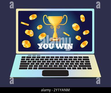Winner award. Gold coins. Casino money winning. Computer screen. Online gambling. Golden victory cup. Lottery jackpot. Laptop keypad. Gamble game. Success achievement. Financial profit. Vector concept Illustration de Vecteur