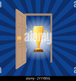 Prix du gagnant. Gobelet doré. Porte ouverte. Faisceaux lumineux. Défi de la concurrence. Prix de la victoire. Récompense gagnante. Entrée vers le succès. Trophée brillant. Coupe d'or champion. Concept de réalisation de leadership vectoriel Illustration de Vecteur