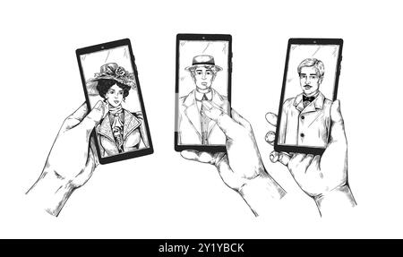 Téléphone portable vintage. Main avec de vieux portraits de gens victoriens. Photo de couple rétro avec gentleman et dame. Écran du smartphone. Dessin d'esquisse. Dispositif de maintien de bras. Visages aristocrates. Jeu de gadgets vectoriels Illustration de Vecteur