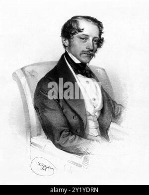 1842 , ALLEMAGNE : le compositeur allemand, chef d'orchestre CARL OTTO Ehrenfried NICOLAI ( 1810 - 1849 ). Nicolai était le fondateur de la Philharmonie de Vienne. Nicolai est surtout connu pour sa version opératique de la comédie de Shakespeare, les joyeuses épouses de Windsor ( Die lustigen Weiber von Windsor ). En plus de cinq opéras, Nicolai a composé lieder, œuvres pour orchestre, chœur, ensemble, et instruments solo . Portrait gravé de Josef Kriehuber ( 1800 – 1876 ). - COMPOSITORE - DIRETTORE D'ORCHESTRA - MUSICA CLASSICA - CLASSIQUE - MUSIQUE - portrait - ritratto - cravatta - arc - fiocco - c Banque D'Images