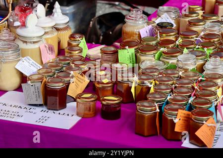 Stand de vendeur de miel au marché du samedi au village de Fiskars, Uusimaa, Finlande Banque D'Images