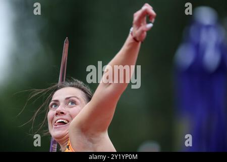 Zagreb, Croatie. 08 septembre 2024. ZAGREB, CROATIE - 8 SEPTEMBRE : la lettone Anete Sietina concourt au lancer Javelin féminin lors du troisième jour du 74e Mémorial Boris Hanzekovic, dans le cadre du World Athletics Continental Tour Gold, au Sports Park Mladost le 8 septembre 2024 à Zagreb, Croatie. Photo : Igor Kralj/Pixsell crédit : Pixsell/Alamy Live News Banque D'Images