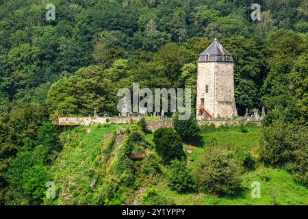 La réserve naturelle, les falaises, la rivière Ourthe et le village de Comblain-au-pont | la réserve naturelle, le village, l'Ourthe et les fameuses Tar Banque D'Images