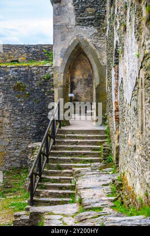 Les anciens escaliers en pierre mènent vers le haut à travers les murs du château de Bezdez, entourés de pierres altérées et de verdure vibrante, évoquant un sens de l'histoire et du mystère en Tchéquie. Banque D'Images
