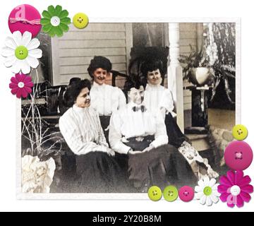 Four women, circa  1910, enjoying each other's company while sitting on a front porch with a whimsical added contemporary frame. Banque D'Images
