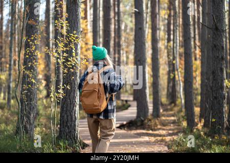 Femme touristique vue arrière avec sac à dos marchant sur le chemin écologique de la forêt le jour froid d'automne dans des vêtements chauds Banque D'Images