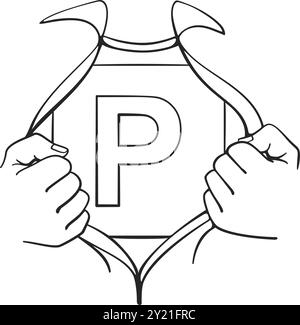 Deux poings déchirent une chemise pour révéler une licence de plaque P dans un style de super héros pour un nouveau vecteur d'art de ligne de concept de pilote réussi Illustration de Vecteur