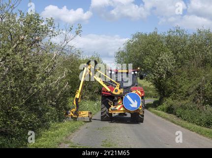 Bordures d'herbe coupées par un grand tracteur tondeuse dans Sussex Country Lane au printemps Banque D'Images