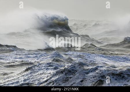 Doris tempête soufflant spindrift de mer rugueuse à Newhaven, East Sussex, au cours de février 2017 Banque D'Images