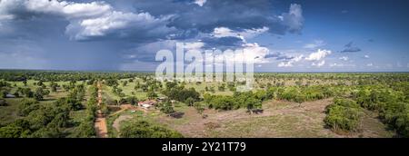 Vue aérienne panorama du paysage typique du Pantaneira avec Transpantaneira, prairies, forêt, soleil de pâturage et ciel spectaculaire, zones humides du Pantanal, Mato G. Banque D'Images