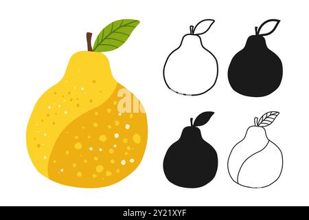 Jeu de dessins animés de symbole de poire. Icône de doodle linéaire de poire jaune mûre entière juteuse. Fruit abstrait plat dessiné à la main. Signe stylisé simple mignon drôle d'art linéaire pour les enfants. Illustration graphique clipart vectorielle Illustration de Vecteur