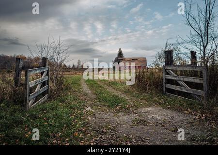 Un chemin de terre à travers une vieille porte en bois dans une clôture, menant à une grange abandonnée et partiellement tombée. Banque D'Images