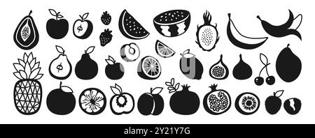 Jeu de symboles fruits ou baies. Tranches citron orange pomme poire, pastèque pêche papaye figue ananas dragon fruits kiwi mangue banane pochoir grenade. Signe vectoriel dessiné simple fraise prune cerise Illustration de Vecteur