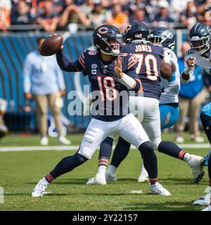 Chicago, il, États-Unis. 08 septembre 2024. Chicago Bears quarterback #18 Caleb Williams en action pendant le match contre les Titans du Tennessee à Chicago, il. Mike Wulf/CSM/Alamy Live News Banque D'Images