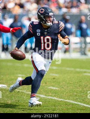 Chicago, il, États-Unis. 08 septembre 2024. Chicago Bears quarterback #18 Caleb Williams en action pendant le match contre les Titans du Tennessee à Chicago, il. Mike Wulf/CSM/Alamy Live News Banque D'Images