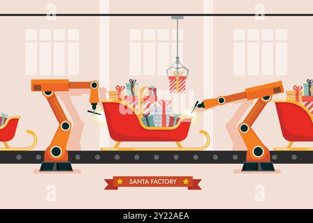 Santa Sleigh production processus de fabrication bras robotisés aidant la production automobile. smart sants usine industrielle. illustration vectorielle Illustration de Vecteur