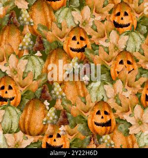 Un motif sans couture vibrant et coloré sur le thème de Halloweename mettant en vedette des citrouilles souriantes au milieu d'une belle végétation luxuriante. Art numérique dans le style aquarelle, pour l'impression sur tissu et papier. Banque D'Images