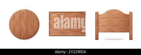 Panneaux en bois fixés isolé sur fond blanc. Illustration réaliste vectorielle d'enseignes en bois rondes et rectangulaires vierges avec texture naturelle, plaques brunes, enseigne de salon, élément intérieur Illustration de Vecteur