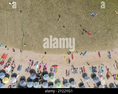 Vue de dessus de la plage de Drini à Gunungkidul, Yogyakarta, Indonésie avec beaucoup de gens et de nombreuses planches de surf colorées. Banque D'Images