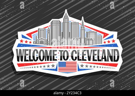 Logo vectoriel pour Cleveland, badge décoratif en papier coupé avec illustration de ligne du paysage urbain de cleveland sur fond de ciel de jour, refrigera de design d'art Illustration de Vecteur