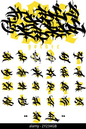 Lettres graffiti, alphabet. Vecteur. Graffiti, tags de style gothique médiéval. Signes et symboles pour la conception. Calligraphie, lettrage et tags. Moderne int Illustration de Vecteur