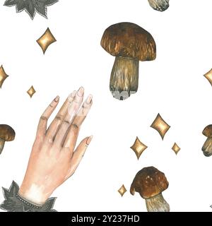 Motif mystique de champignon et de main. Modèle sans couture d'illustrations d'aquarelle. Dessiné à la main. Joyeux Halloween Banque D'Images