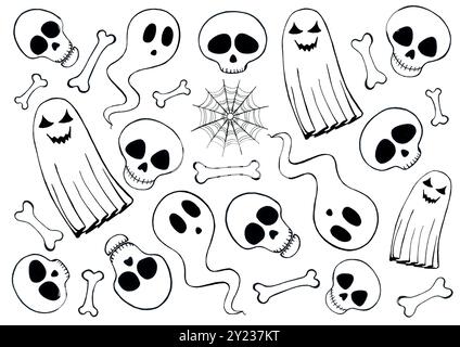 Doodle ensemble de différents éléments d'Halloween. Noir sur fond blanc. Crânes, fantômes, os, toile. Dessins de contour. Les fantômes et les crânes sont différents Banque D'Images